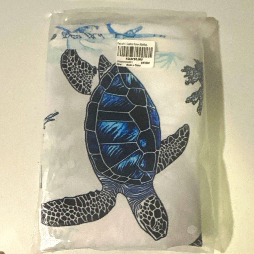 Pack of 4 45x45cm Sea Turtle Decorative Pillow Covers, Zip, Polyester Blue/White